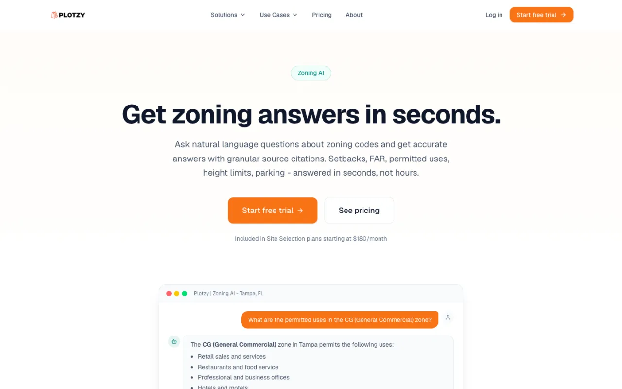 Zoning AI answering a permitted-use question for Tampa's CG zone