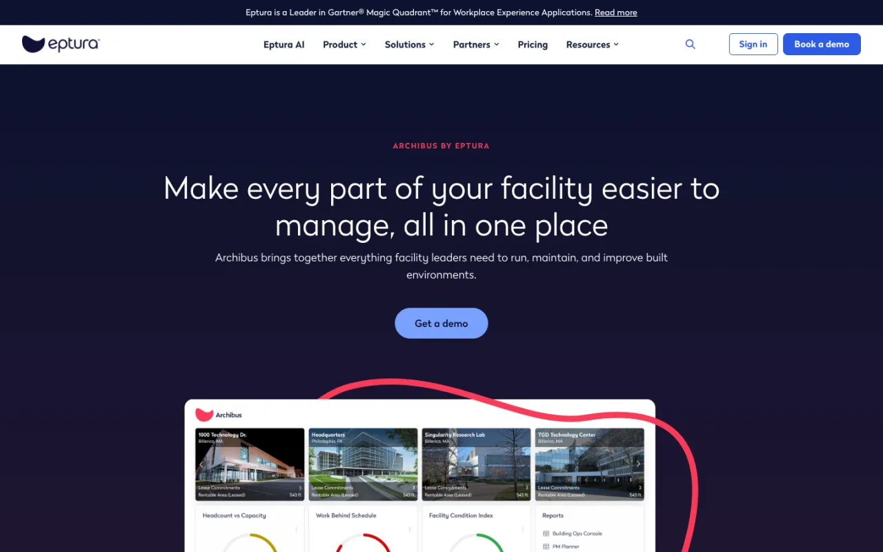 Archibus by Eptura page with a facilities dashboard showing buildings and condition gauges