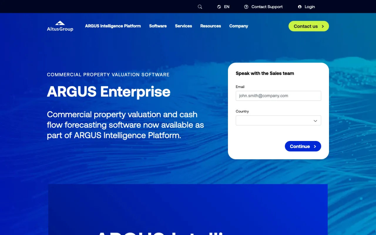 ARGUS Enterprise page with product summary and sales contact form