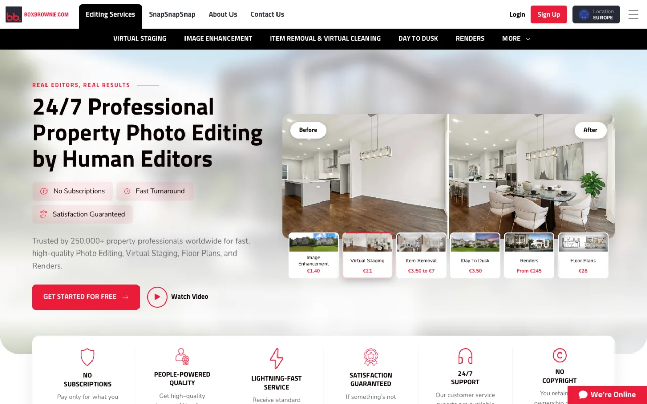 BoxBrownie homepage with a before and after virtual staging example