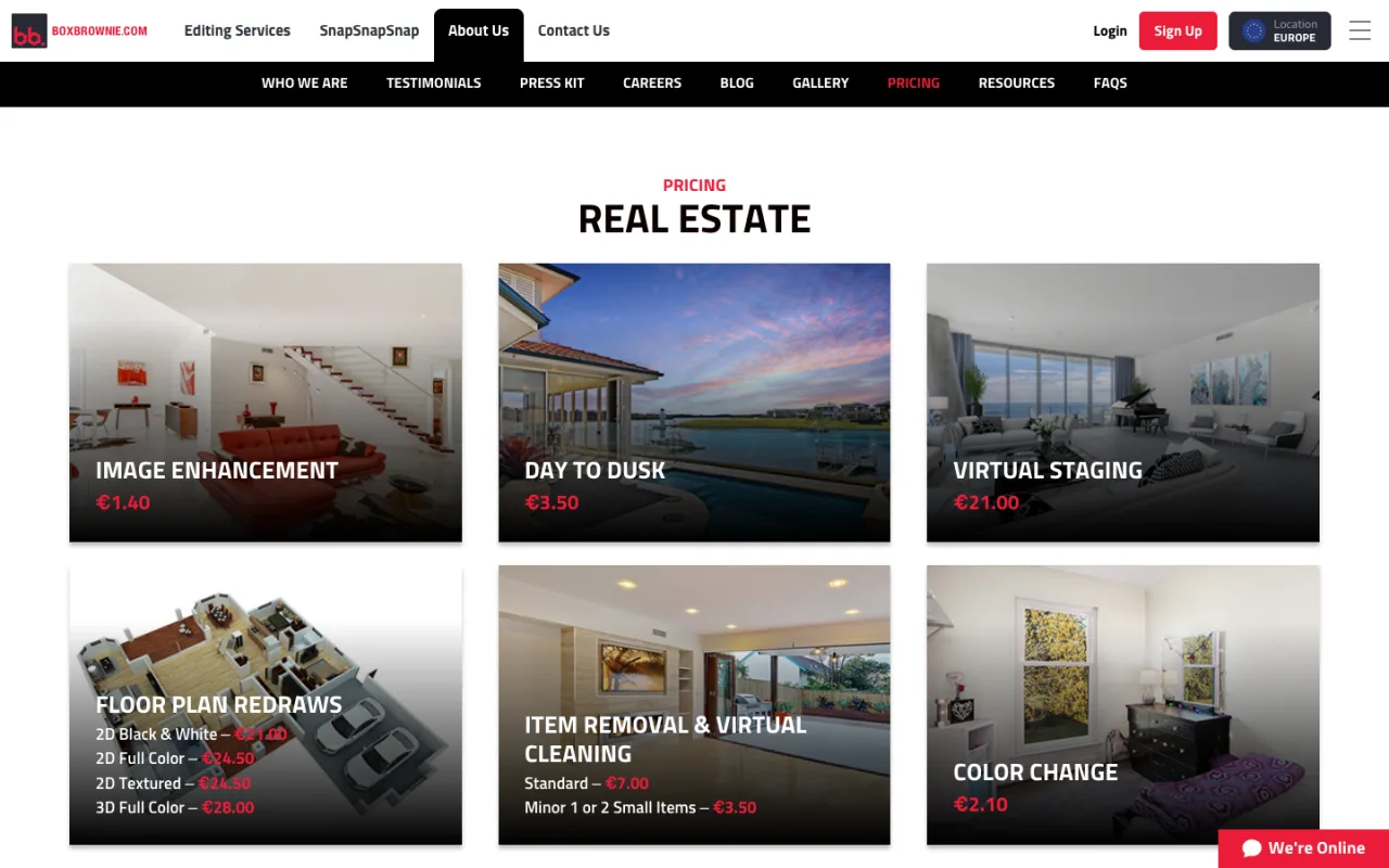 BoxBrownie pricing page listing real estate photo editing services