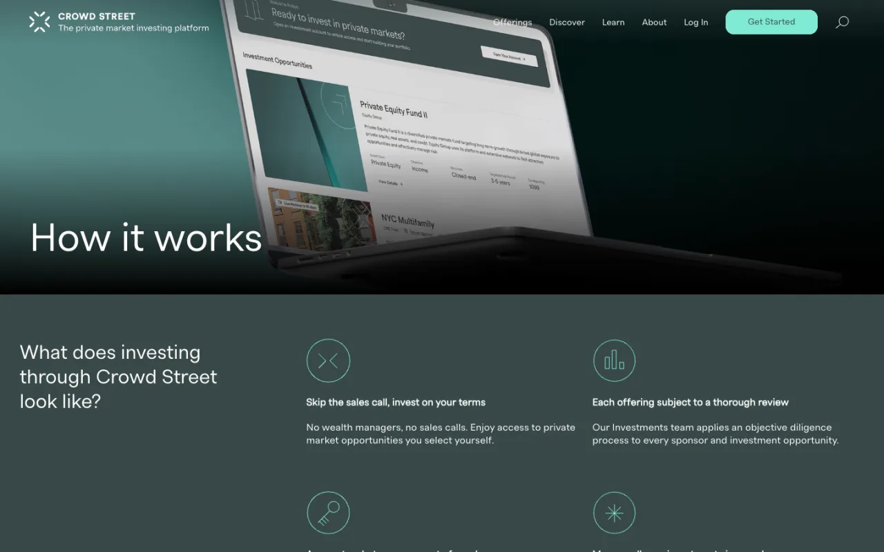Crowd Street How It Works page with the investment opportunities screen on a laptop