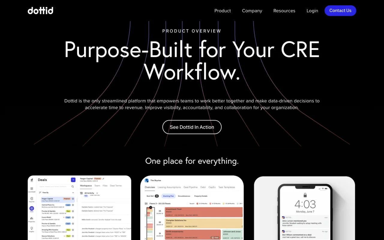 Dottid product overview with the deals workspace, stacking plan and mobile notifications
