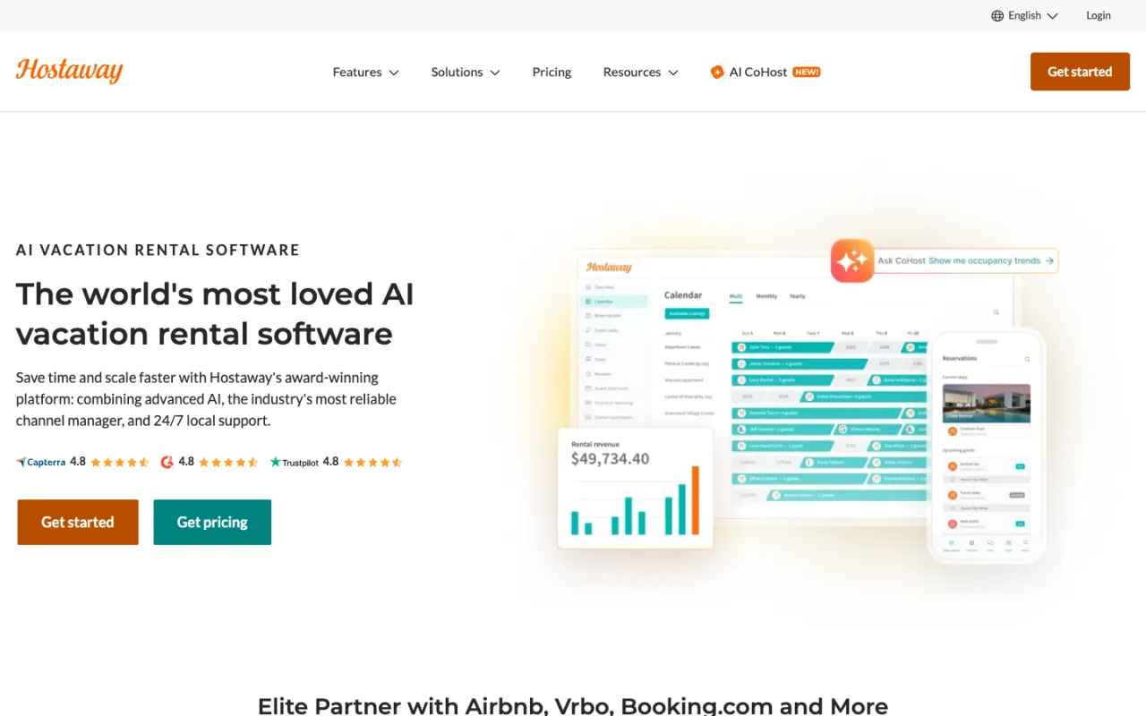 Hostaway homepage with the calendar and reservations screens