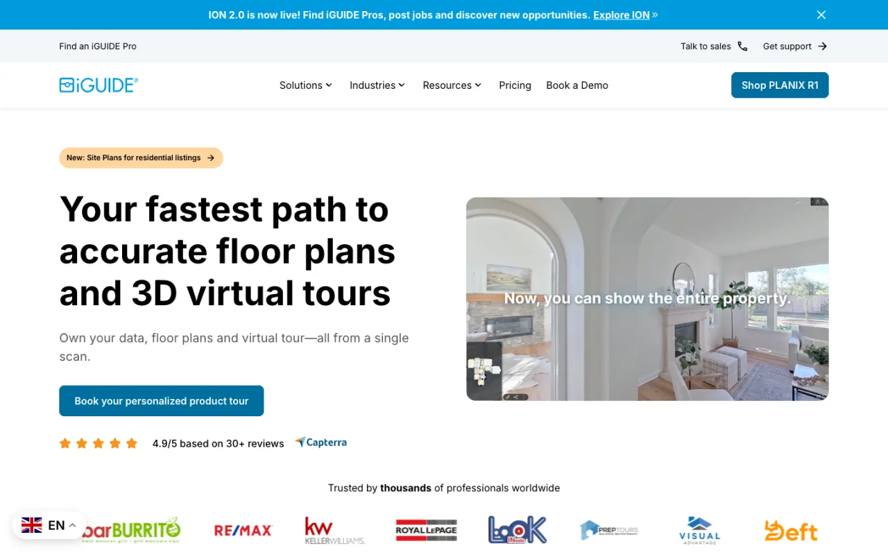 iGUIDE homepage with a 3D virtual tour preview