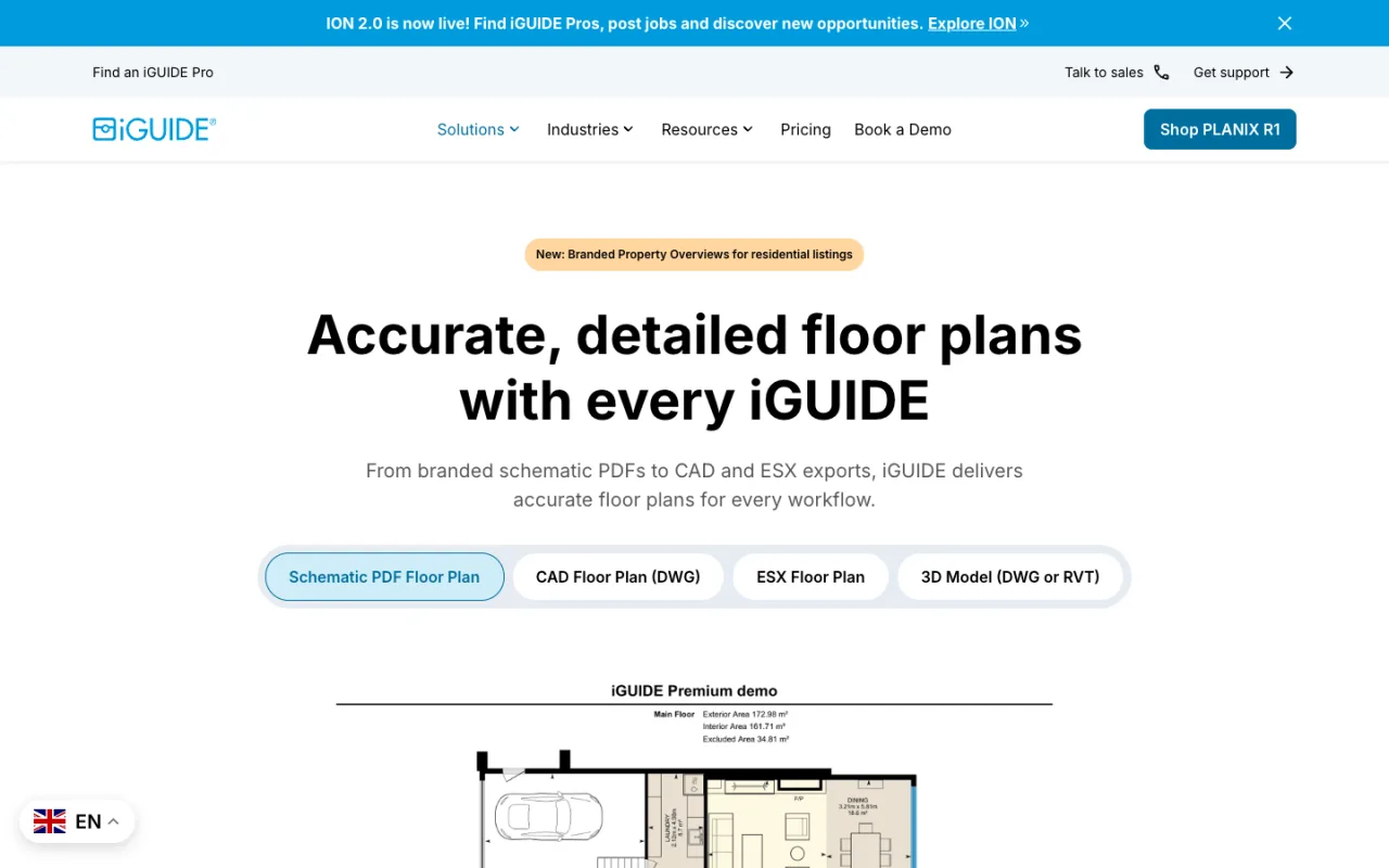 iGUIDE floor plans page with format tabs and a sample floor plan