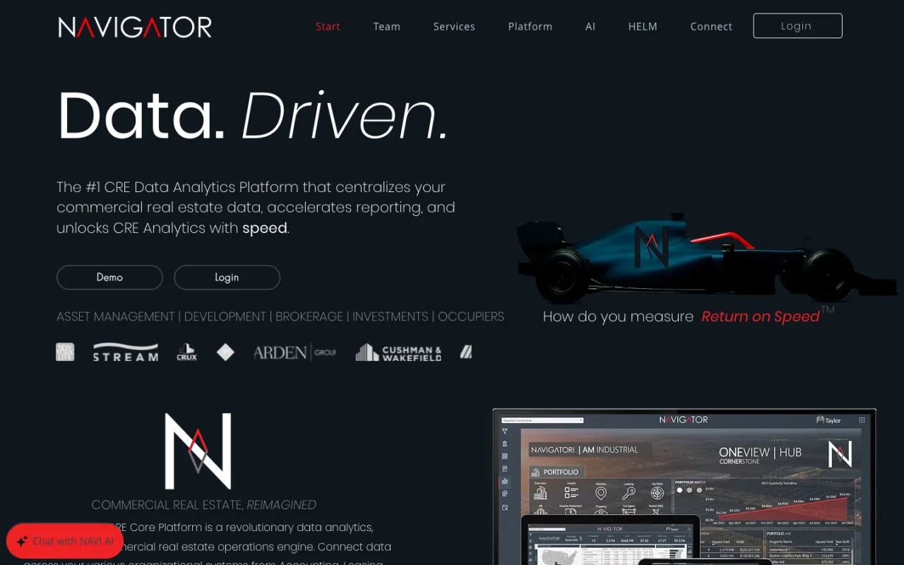 NavigatorCRE homepage with a portfolio dashboard preview