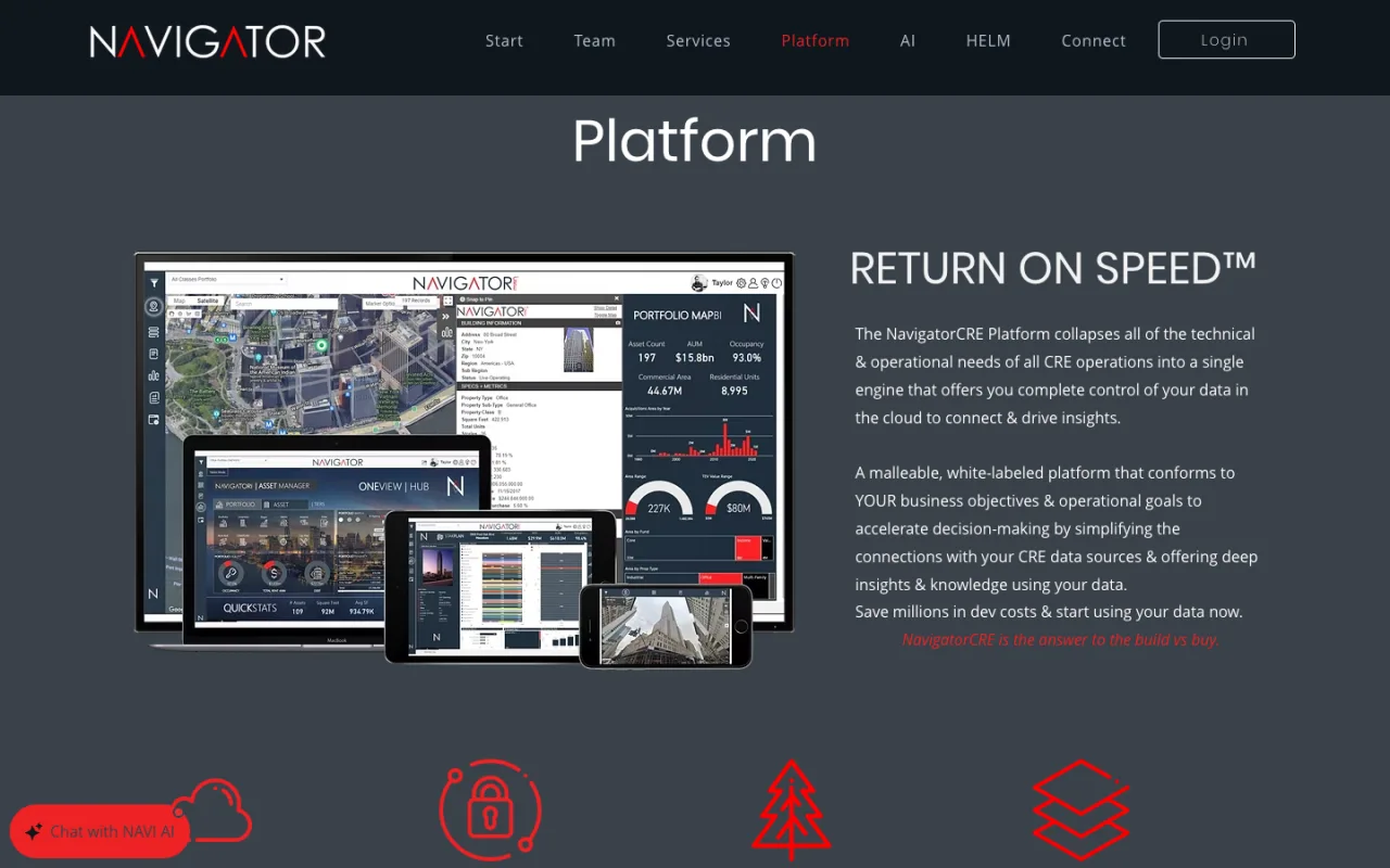 NavigatorCRE platform page with map and portfolio dashboards on several devices
