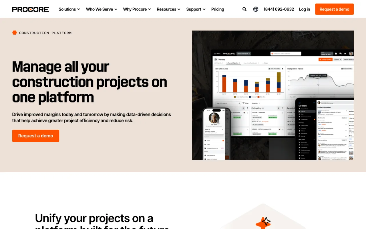 Procore platform page with bid, manpower and project overview dashboards