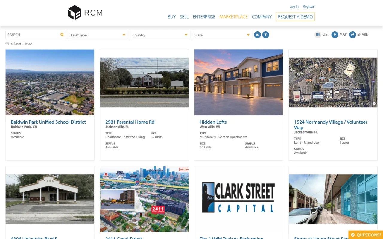 RCM marketplace grid of listed assets with asset type, country and state filters