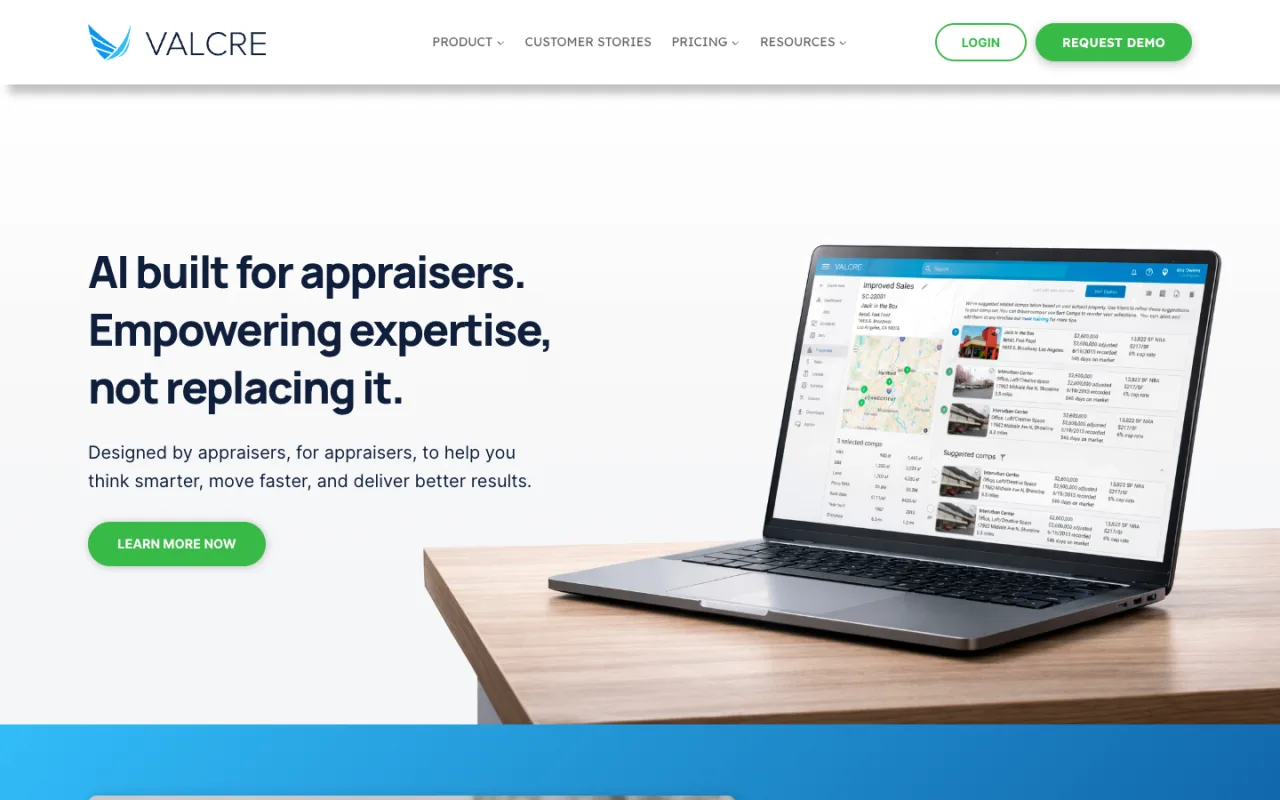 Valcre homepage with the sales comps screen on a laptop