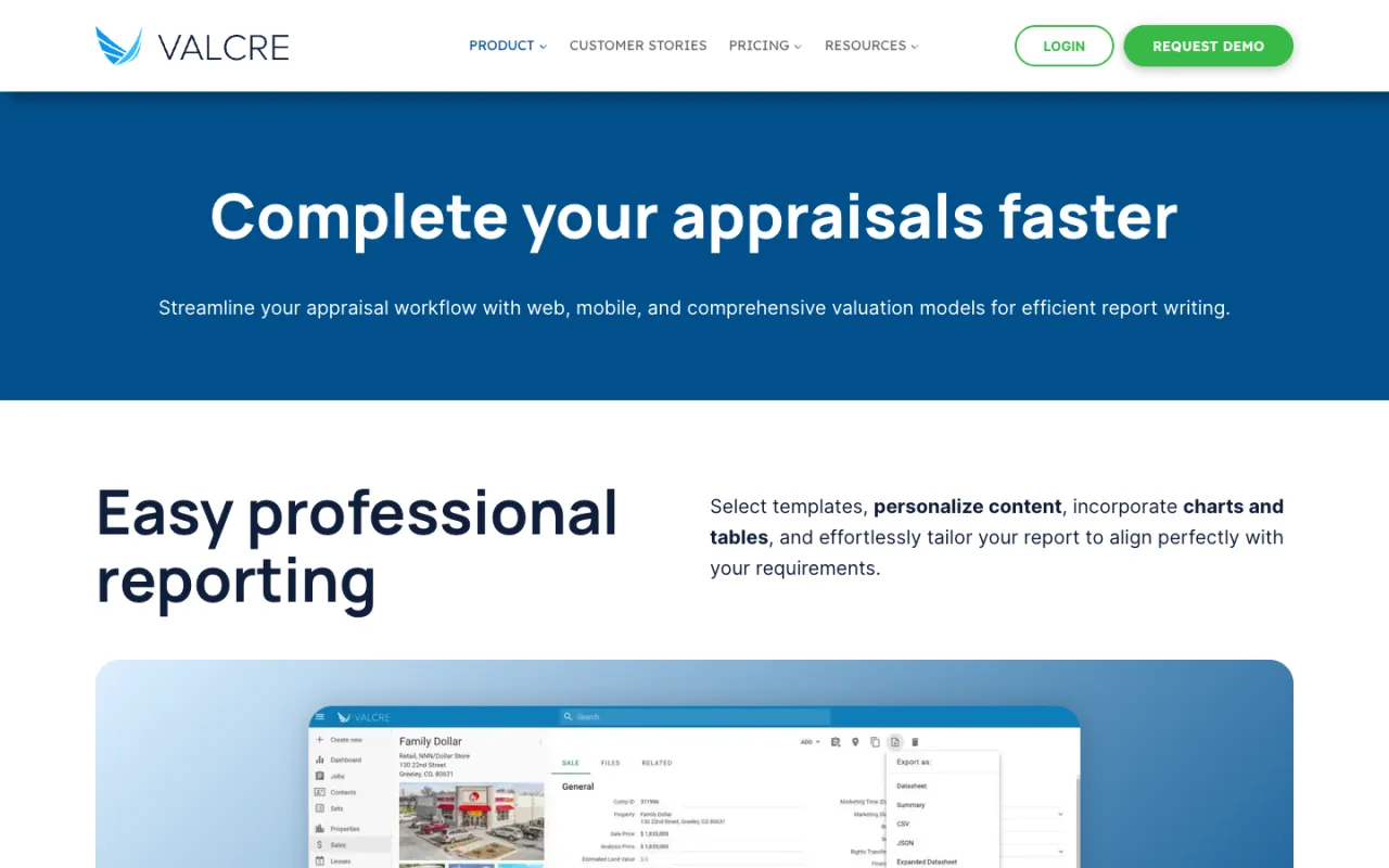 Valcre features page with the top of a property record screen